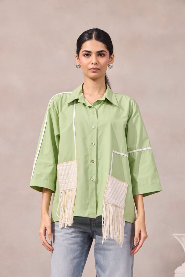 Foam Green Boxy Crop Shirt with Fringe Pocket Detail — 63East