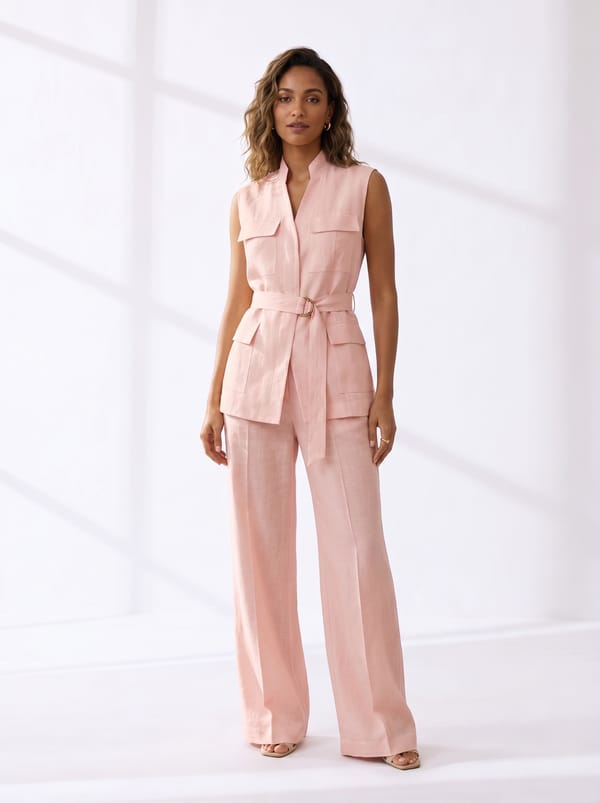 Baby Pink Linen Belted Co-ord Set with Wide-Leg Pants — THE LUXURY DRESSING