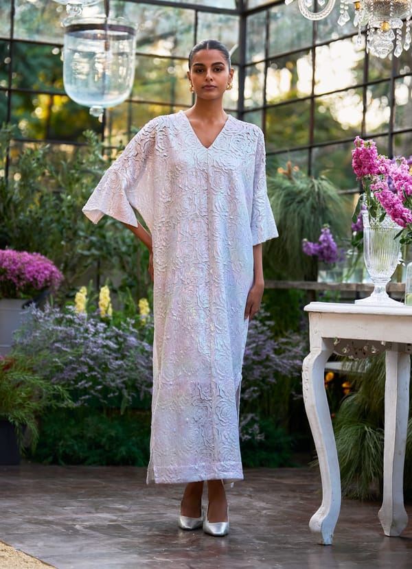 Ivory Iridescent Cutwork Lamé Maxi Kaftan Dress — Dash and Dot
