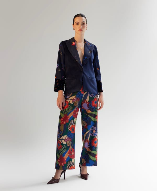 Blue Celestial Print Satin Blazer with Velvet Cuffs — SHOP NOIB