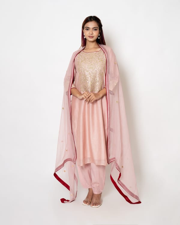 Pink Beige Gota Patti Chanderi Suit Set — Kameez