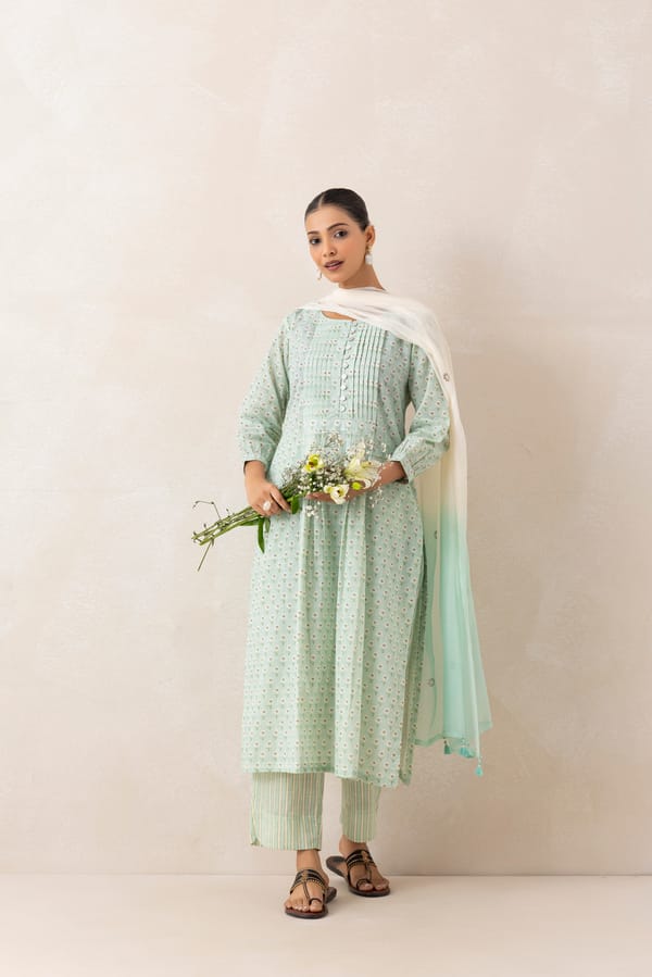 Mint Green Cotton Slub Printed Kurta Set with Dupatta — CHHIPA JAIPUR