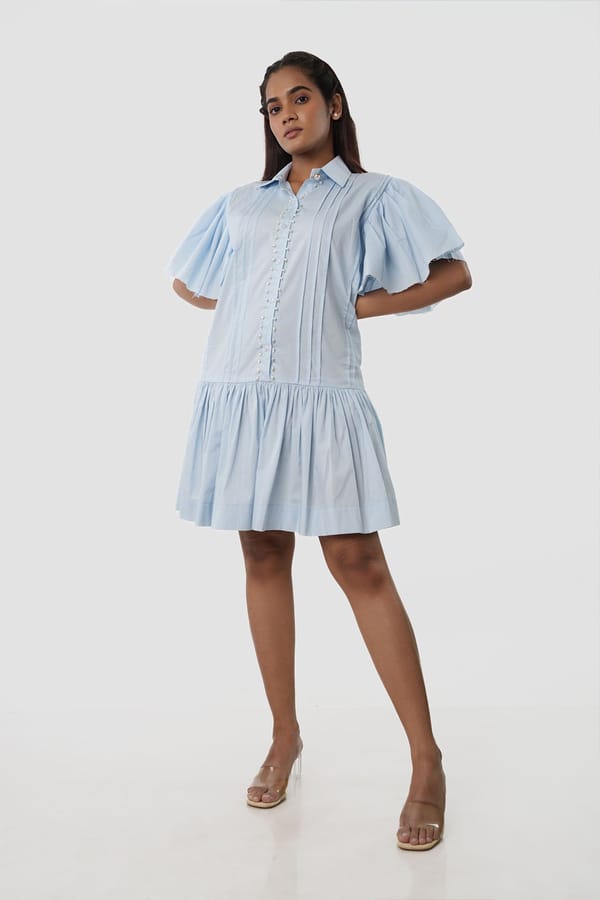 Blue Tiered Mini Shirt Dress with Pearl Buttons — 9899