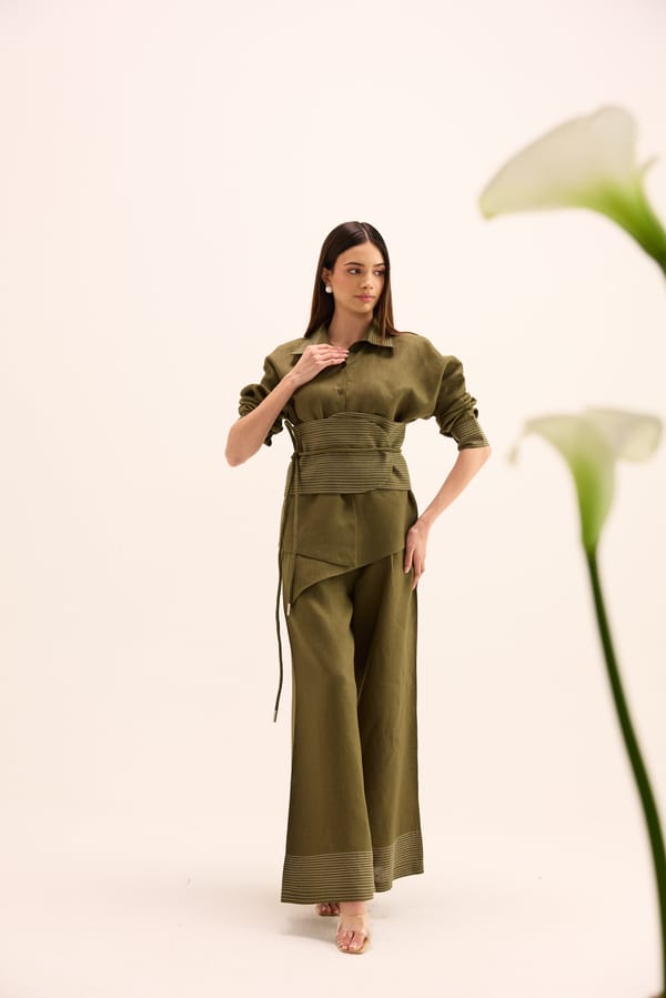 Olive Green Linen Shirt and Flared Pants Co-ord Set — Prink Tonic
