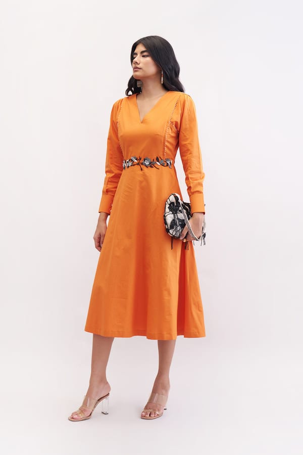 Sunset Orange Cotton Twill Fit and Flare Midi Dress — Our Love