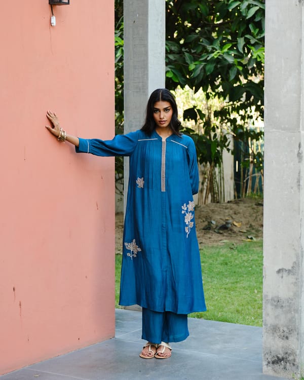 Peacock Blue Embroidered Kurta Palazzo Set — Truly SMA