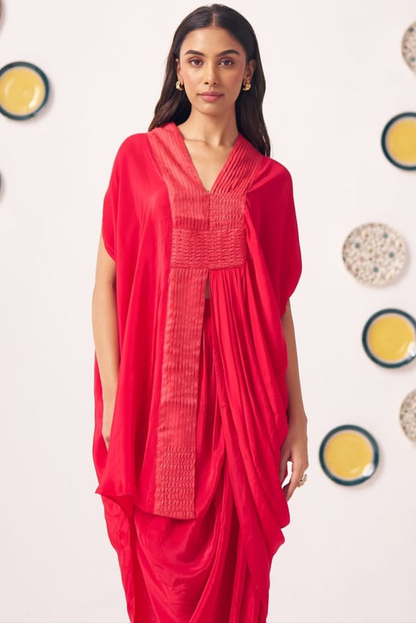 Red Shimmer Pleated V-Neck Oversized Kaftan — Western Era