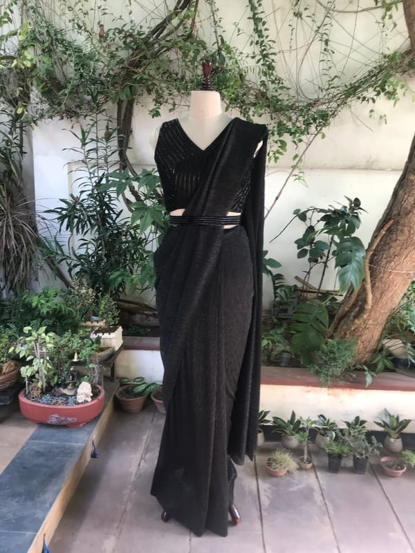 Black Shimmer Pleated Saree Set with Belt — The Grey Dot