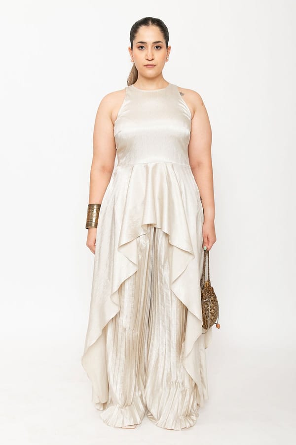 Cream Chevron Satin High-Low Top and Pleated Pants Co-ord Set — Contemponari