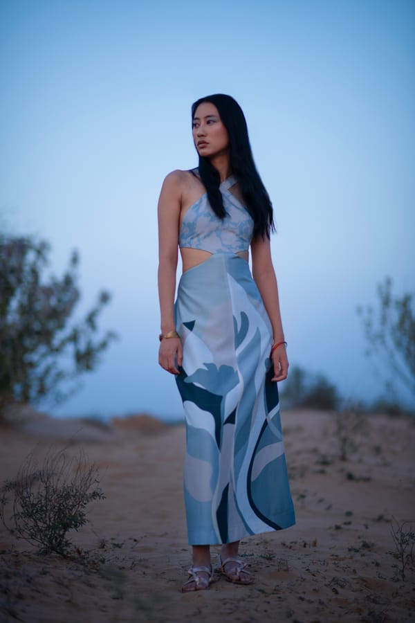 Grey Abstract Print Halter Midi Dress with Waist Cut-Outs — CLOS