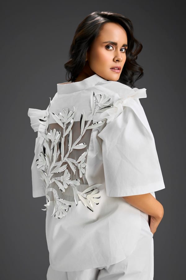 White Embellished Sheer Back Shirt & Pants Set — Deepika Arora