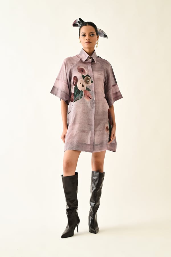 Lilac Abstract Print Mini Shirt Dress — Ofrida