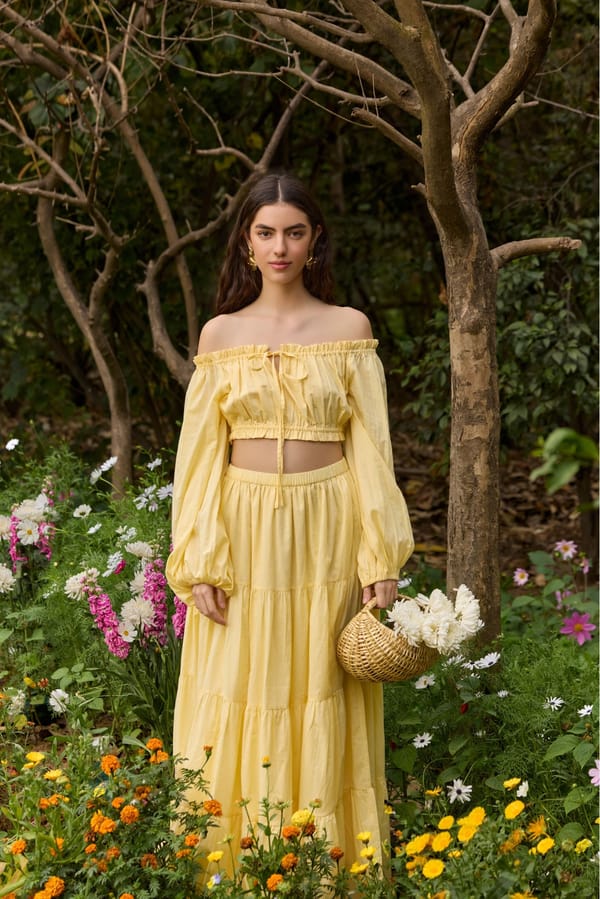 Butter Yellow Off-Shoulder Top and Tiered Maxi Skirt Set — The Clothing Factory