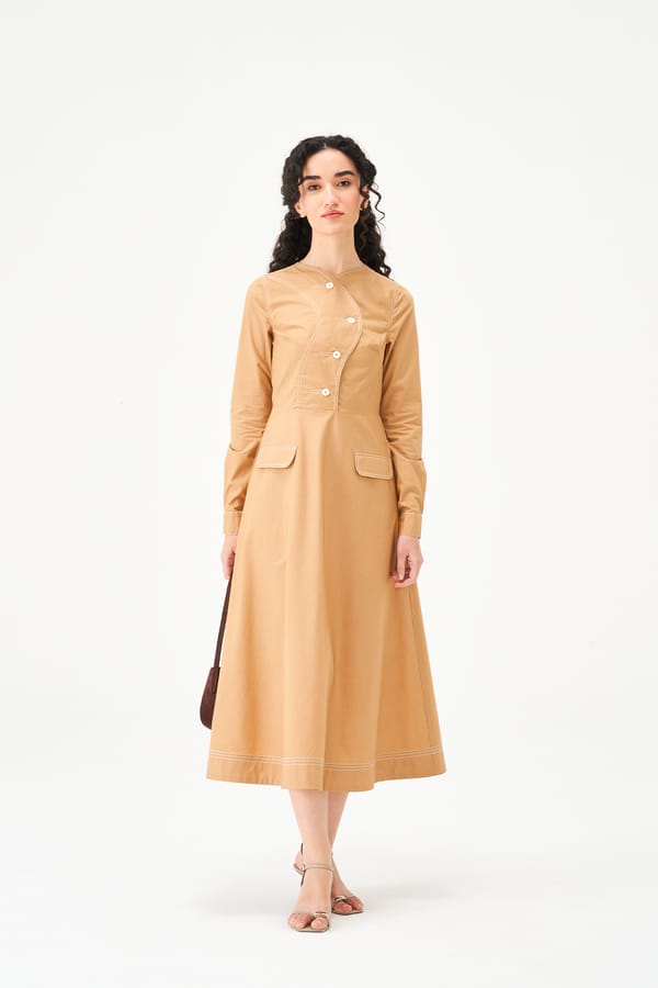 Beige Cotton Poplin A-Line Midi Dress with Asymmetric Buttons — NOTEBOOK