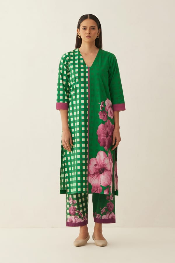 Green Cotton Gingham checks and floral co-ord set — SHIVANI BHARGAVA