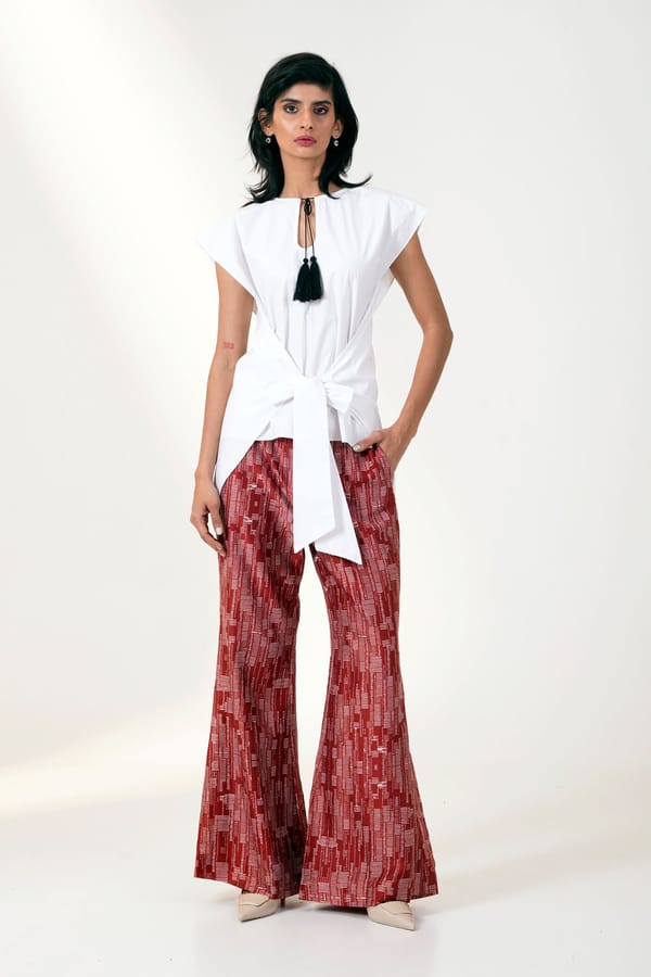White Wrap Top and Red Printed Bell Bottom Co-ord Set — Madder Much