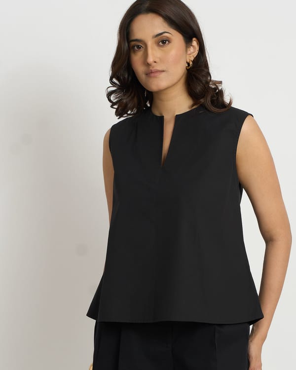 Black Cotton Notch-Neck Relaxed A-Line Sleeveless Top — Loma Naturally