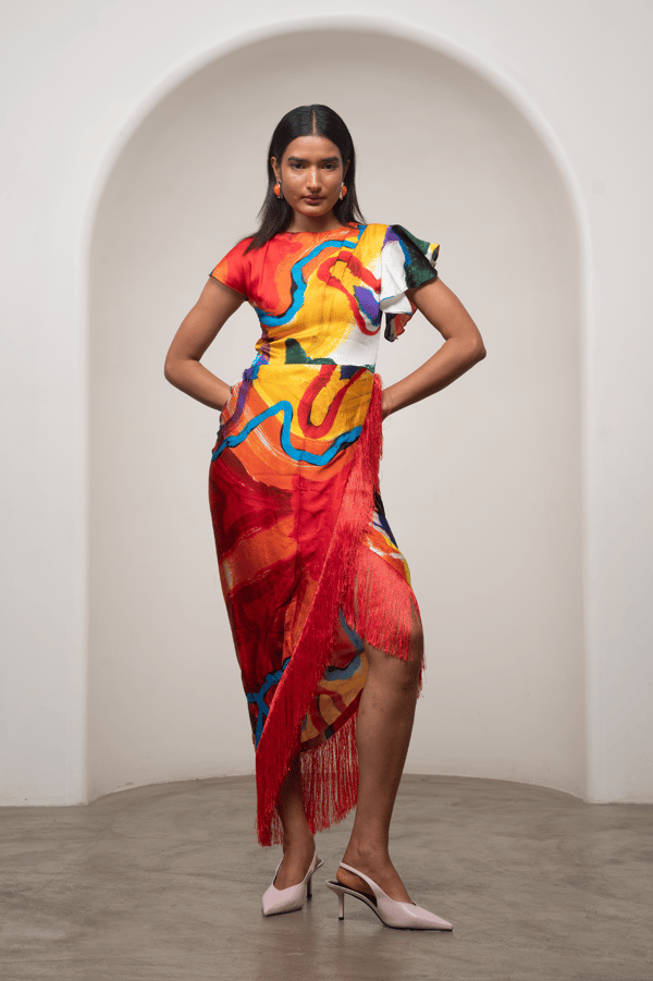 Multicolor Abstract Print Satin Fringe Midi Dress — ADVAIT