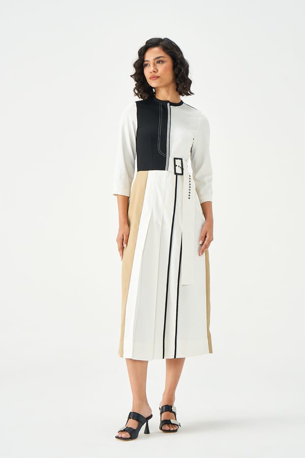 Black White Tan Colorblocked Belted Midi Dress — NOTEBOOK