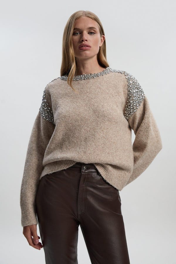 Oatmeal Embellished Trim Cosy Knit Jumper — KAREN MILLEN