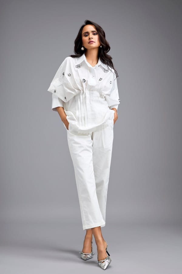 White Embellished Button-down Shirt With Pants — Deepika Arora