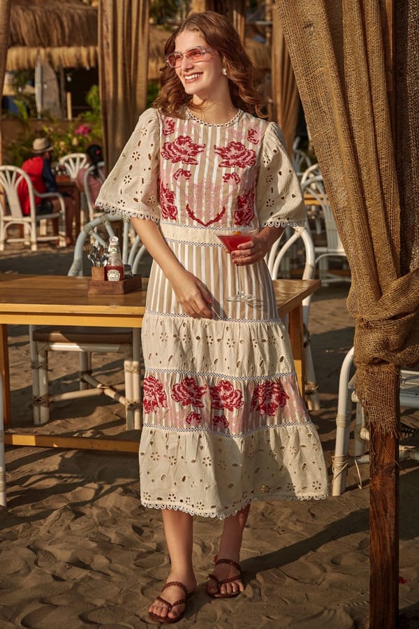 Beige Striped Tiered Midi Dress with Embroidered Yoke — BOHO-CHIC