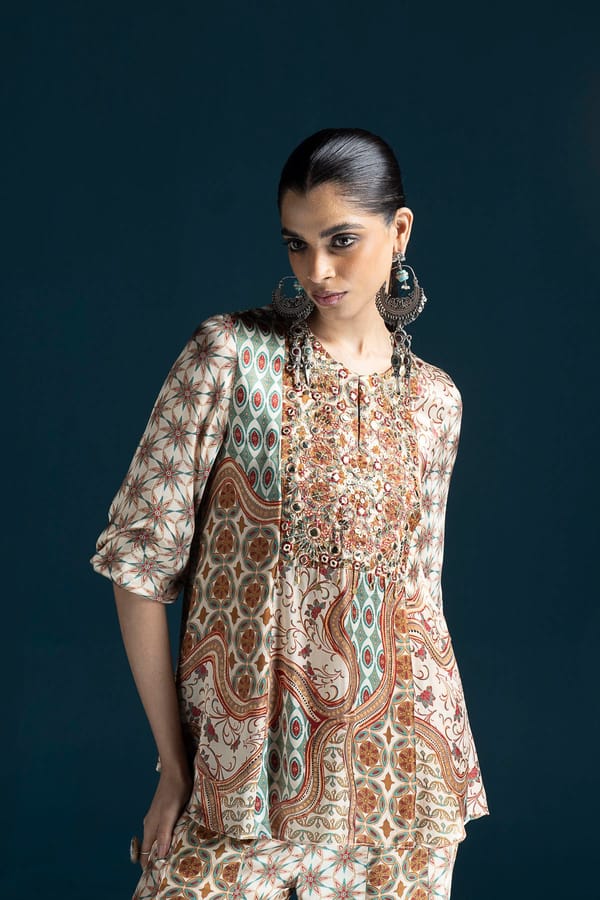 Nazm Ajrakh-Inspired Tunic & Palazzo Co-ord Set — SAUNDH