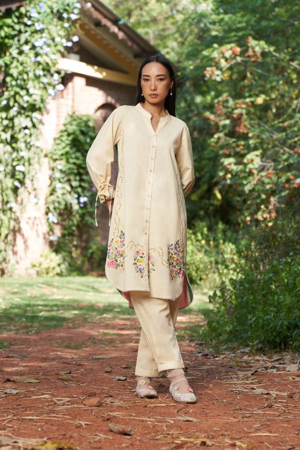 Beige Embroidered Straight Kurta Set with Button Front — NIRVAIR CLOTHING