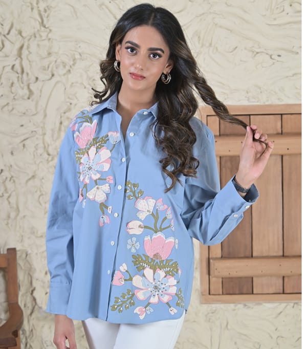 Big Khushboo Powder Blue Shirt — RUCHIKA MALLIKA LABEL