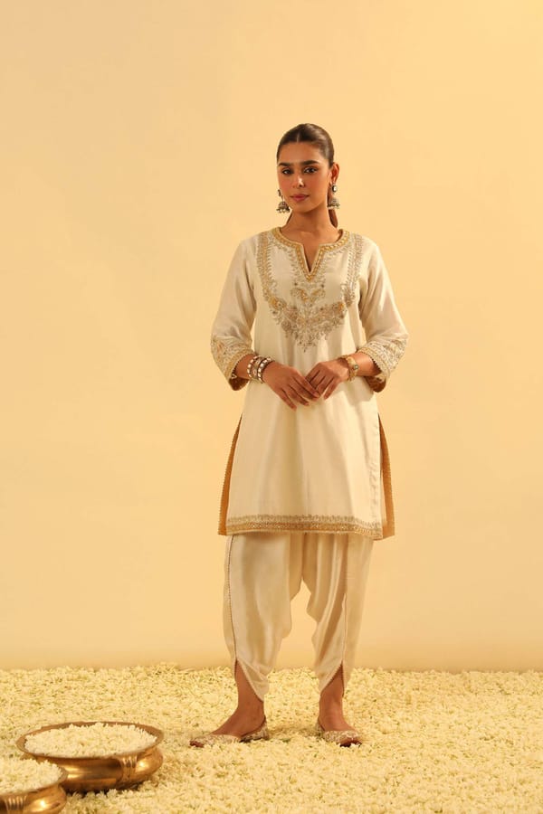 Daisy Ivory Embroidered Short Kurta and Dhoti Set — Sheetal Batra