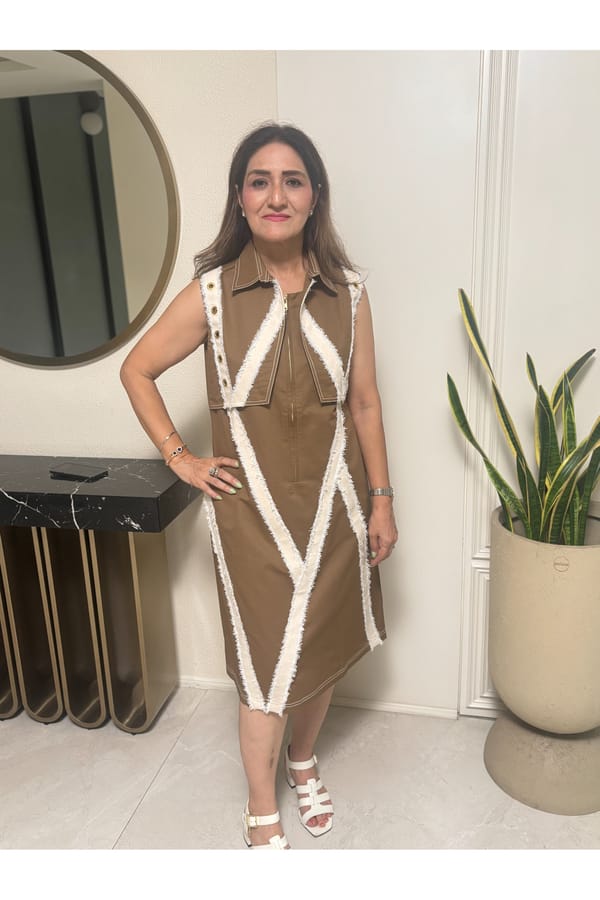 Olive Zip-Front Collared Midi Dress with Chevron Panels — Veera Wear