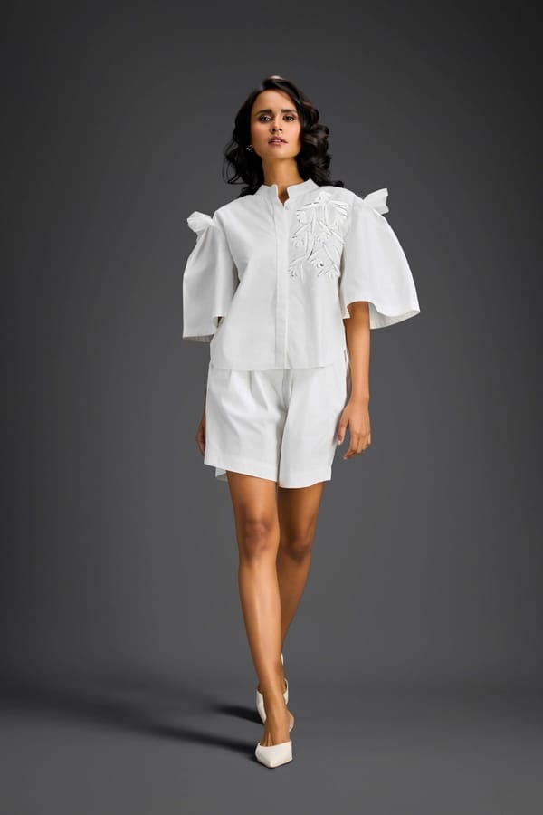 White 3D Floral & Glossy Leaf Embellished Co-Ord Set — Deepika Arora