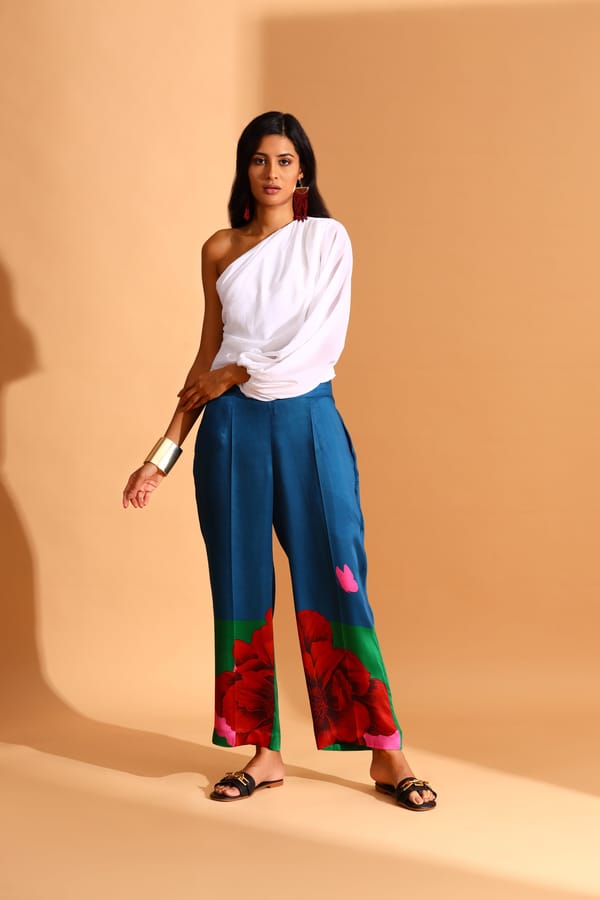 Emerald Green Wide-Leg Floral Hem Print Trousers — Moh India