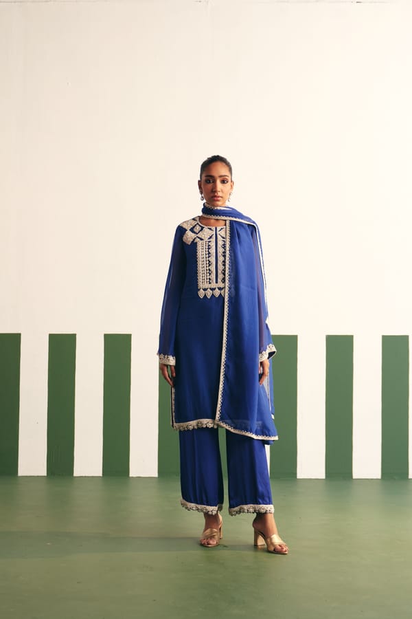 Cobalt Blue Embroidered Kurta Palazzo Set With Dupatta — Reeti Arneja