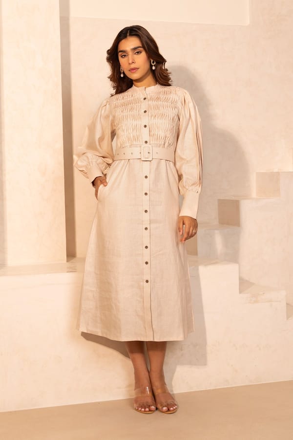 Beige Hemp Midi Shirt Dress with Belt — SHIBUI