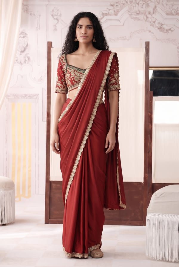 Red Embroidered Saree — Basanti Kapde aur Koffee