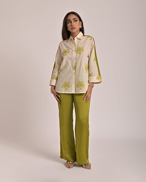 Beige Tropical Embroidered Mul Shirt with Sleeve Stripe — Missy Co.