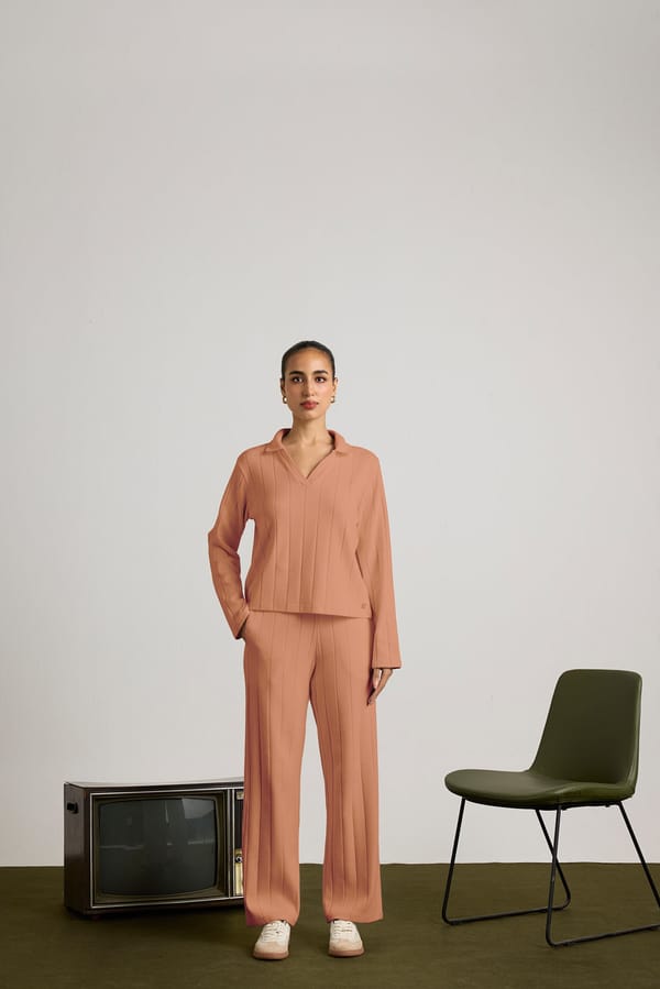 Italian Clay Ribbed Co-ord Set with Wide-Leg Pants — Muvazo