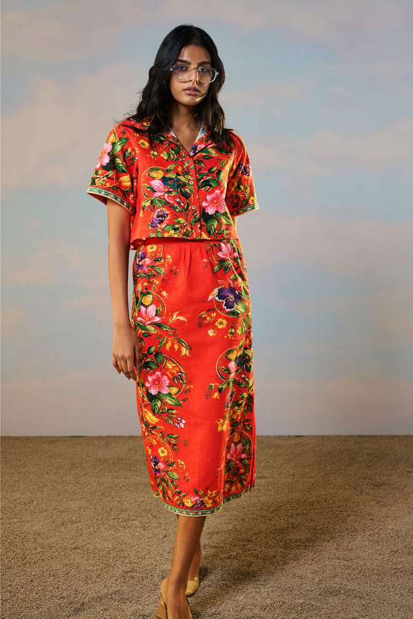 Linen Placed Floral Print Shirt & Skirt Set — Dash and Dot