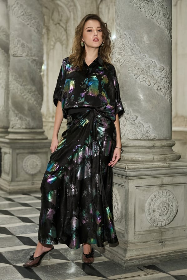 Black Iridescent Foil-Print Shirt and Drape Skirt Co-ord Set — Dash and Dot
