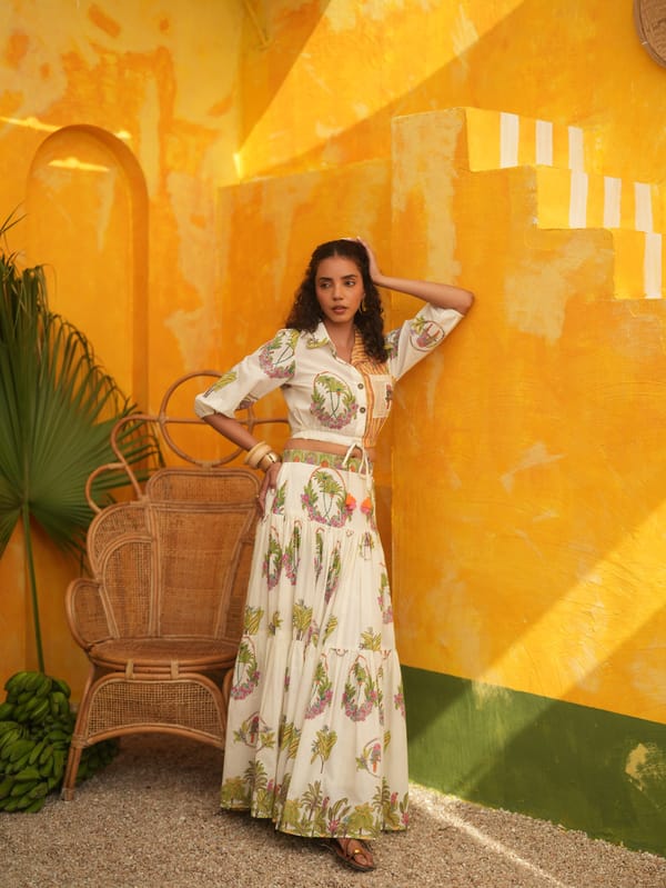 Off-White Printed Cropped Shirt and Maxi Skirt Co-ord Set — TASHA INDIA