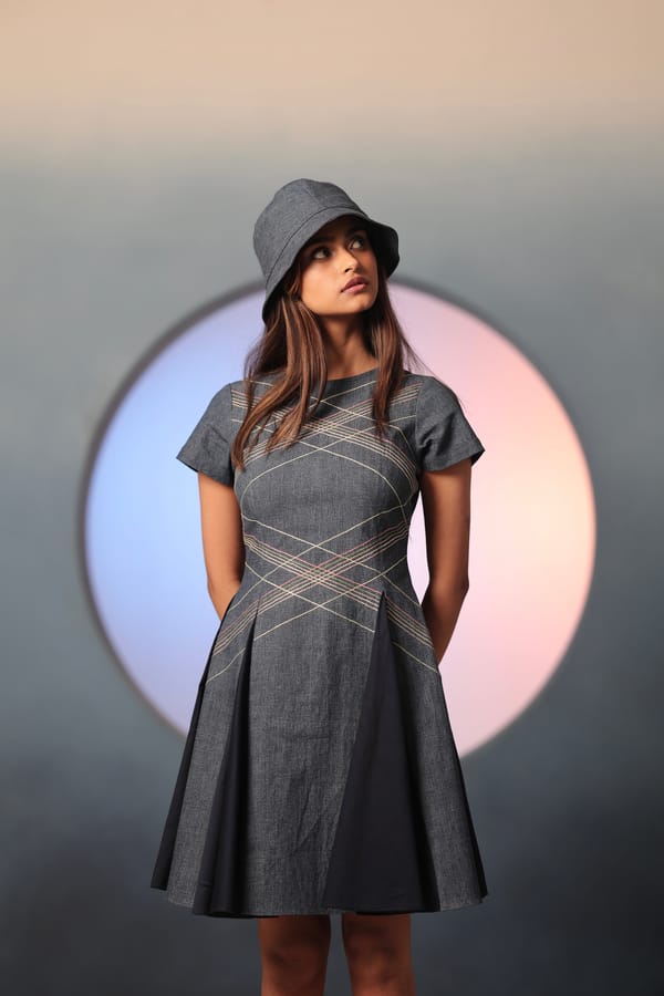 Blue Denim Fit and Flare Mini Dress with Stitch Detail — MANVI DAGA STUDIO