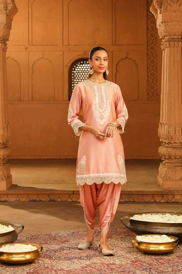 Off-Rose Embroidered Straight Kurta and Dhoti Set — Sheetal Batra
