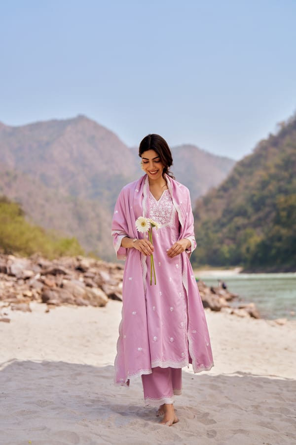 Lavender Cotton Embroidered Kurta Suit Set with Dupatta — NARAYANI VASTRA