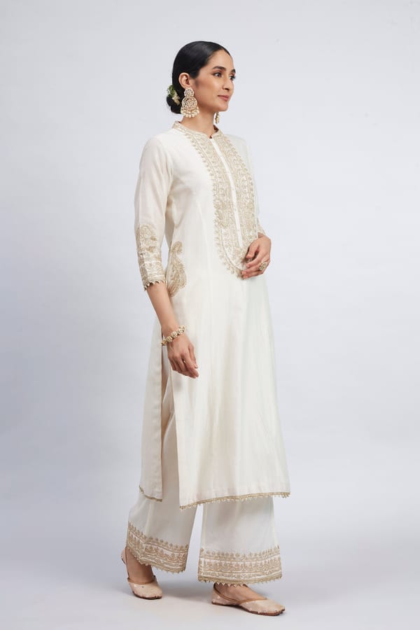 Daisy Ivory Embroidered Chanderi Silk Kurta Set with Palazzo — Sheetal Batra