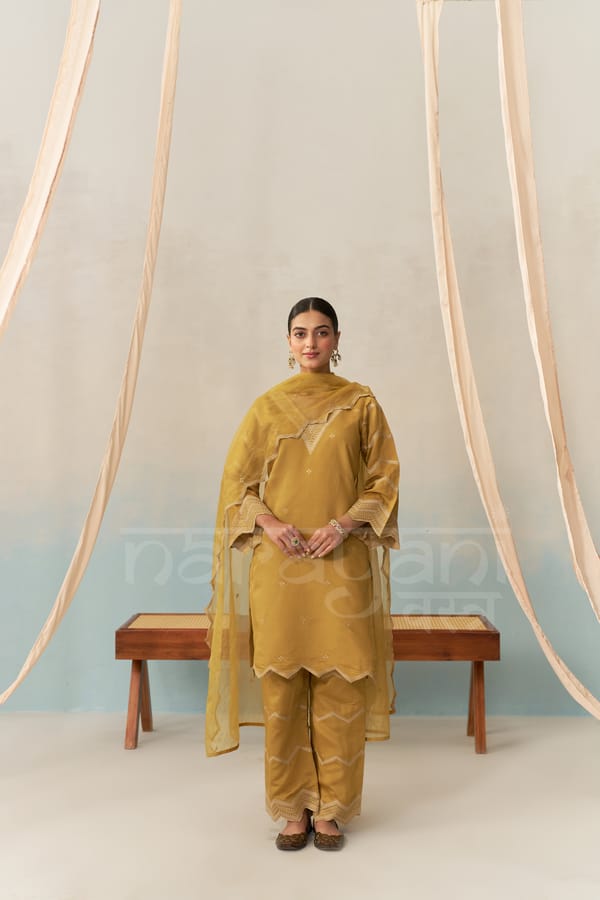 AYLA - Mustard Gold Chanderi Suit Set — NARAYANI VASTRA
