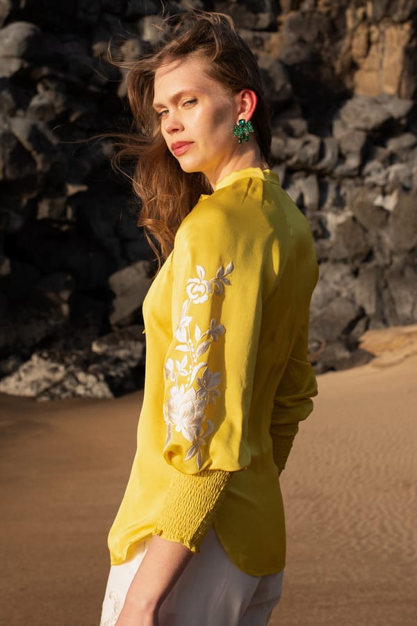 Yellow Tie-Up Neck Peasant Top with Embroidered Sleeves — Dash and Dot