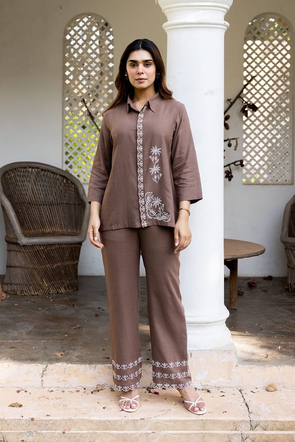 Ziya Brown Linen Embroidered Set — INCHING INDIA