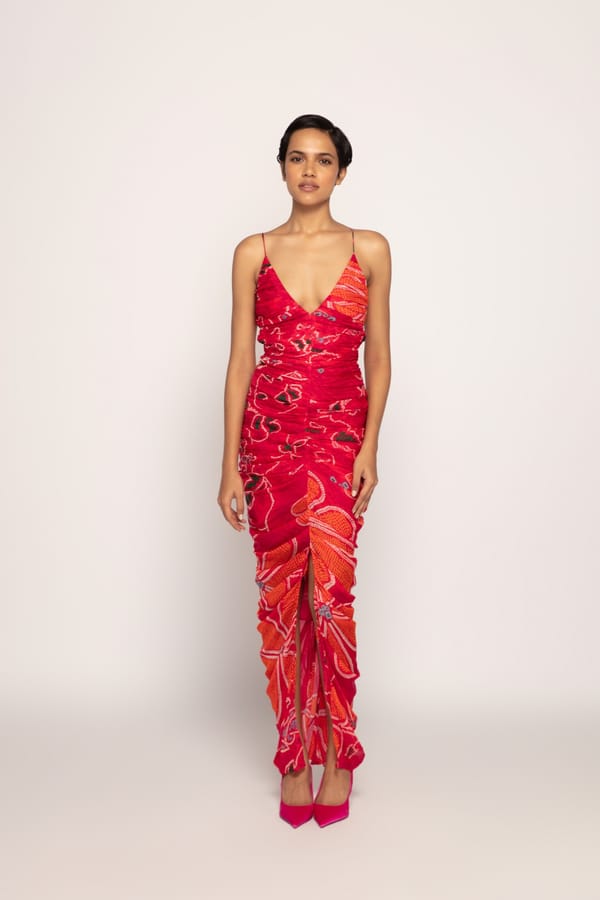 Pink Orange Bandhani Print Ruched Maxi Dress with Slit — Saaksha and Kinni