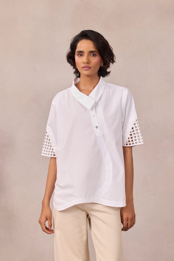 Bright White Poplin Shirt with Geometric Sleeve Cutwork — 63East